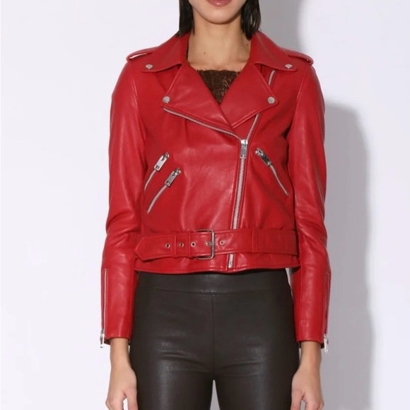 Walter Baker $748 100% Lamb Leather Jacket Moto Red Size Small Like New - Picture 2 of 13